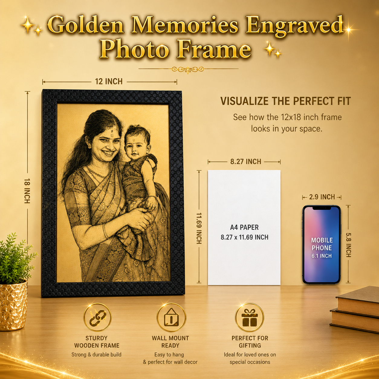 ✨ Golden Memories Engraved Photo Frame ✨Size - 12*18 inch