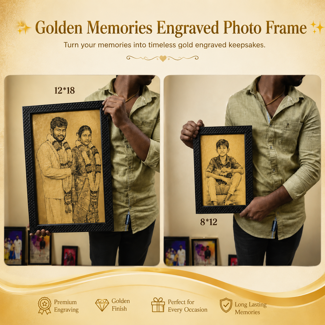 ✨ Golden Memories Engraved Photo Frame ✨Size - 12*18 inch